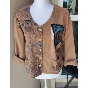 Sew What Jacket Women Large Brown Abstract Art To Wear Button Up Boho Cotton Top